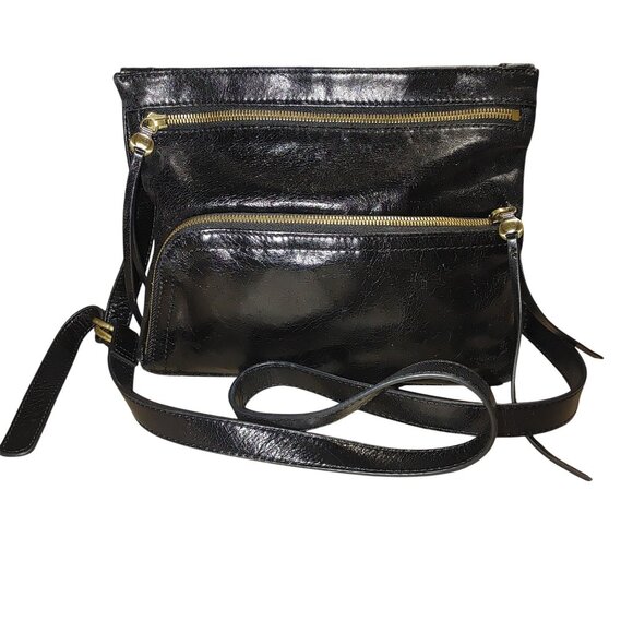 Hobo Black Leather Crossbody Bag Gold Hardware Multiple Zippered Compartments - Picture 1 of 9